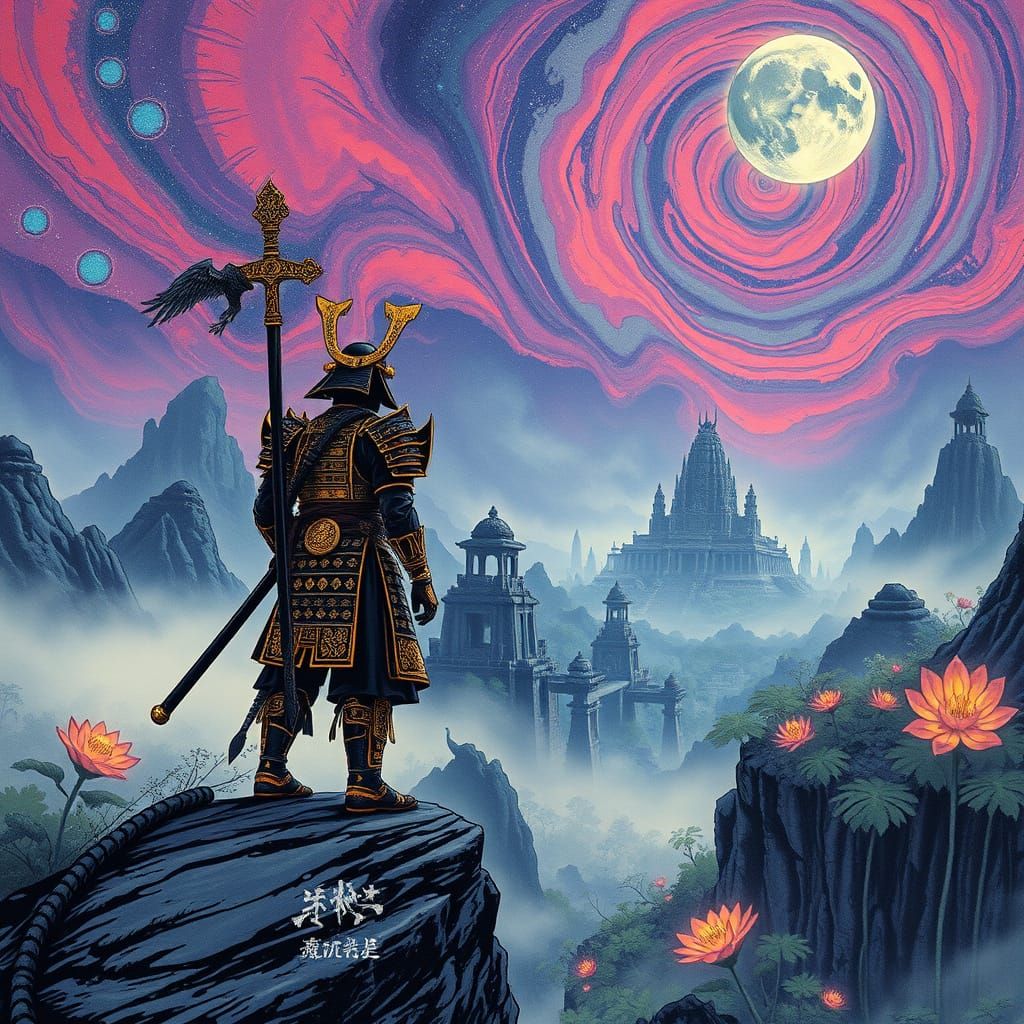 Samurai Warrior Overlooking Alien Jungle in Ink Wash & Pop-A...