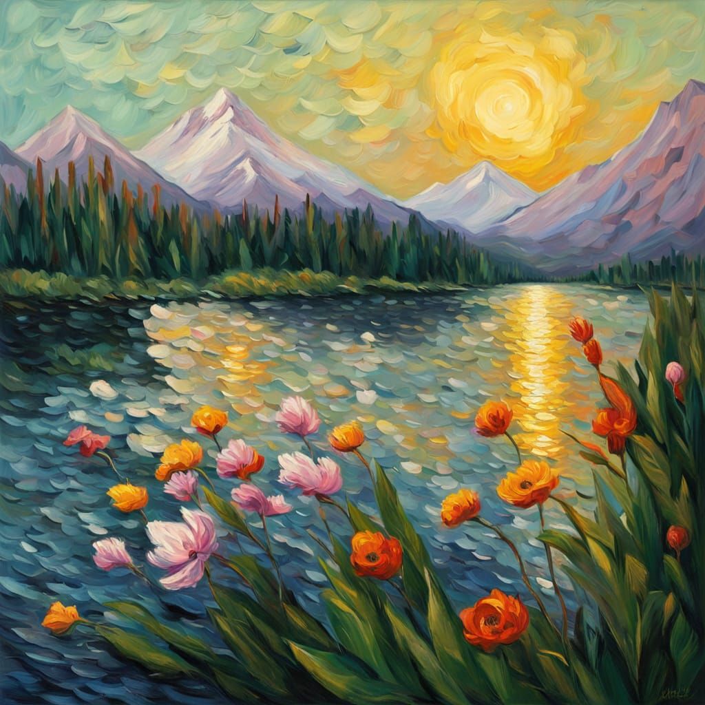 Single Flower at River's Edge in Neo-Impressionist Style