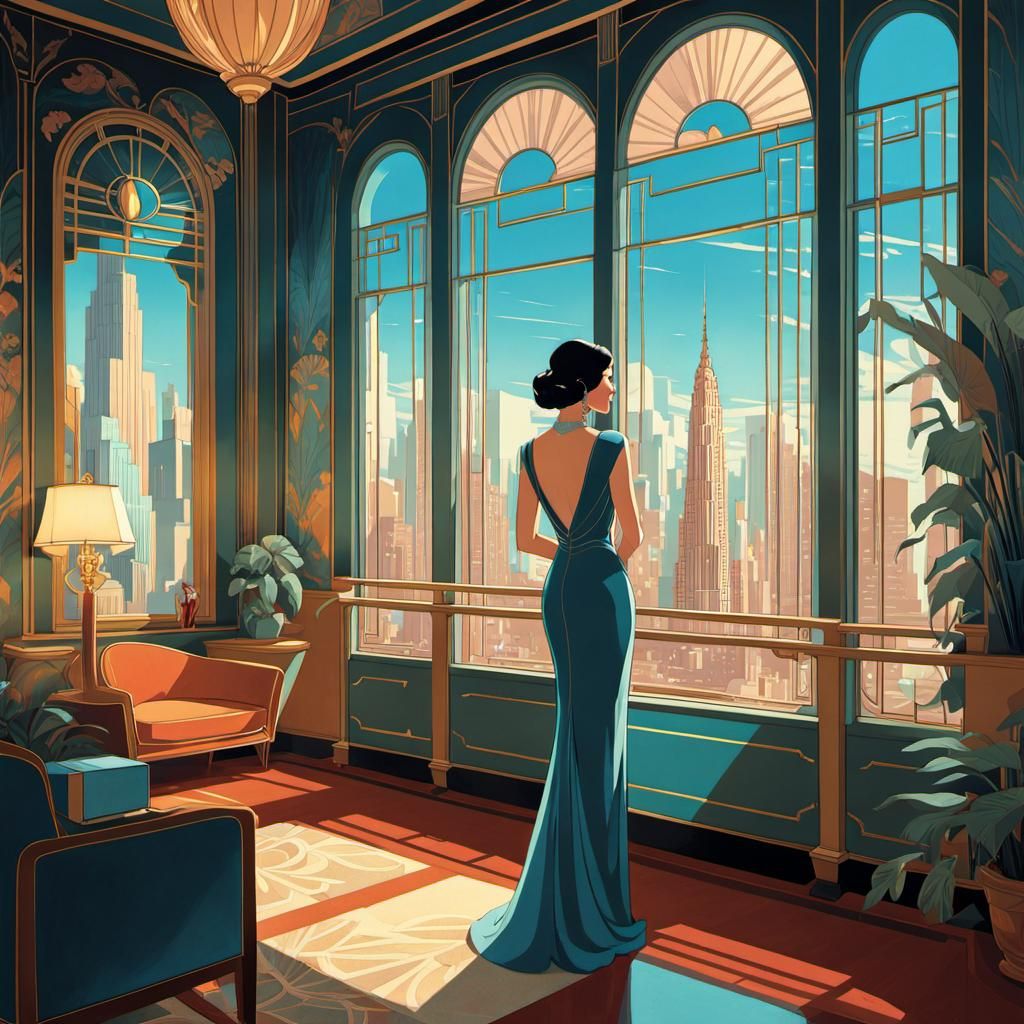 Luxurious Art Deco Cityscape Through a Grand Window