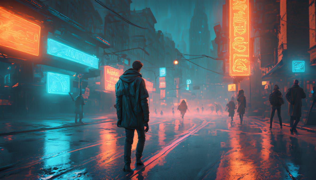Neon Street Scene in Digital Painting Style