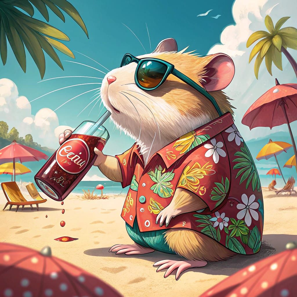 Hamster Enjoys Coca-Cola on Beach in Vibrant Style