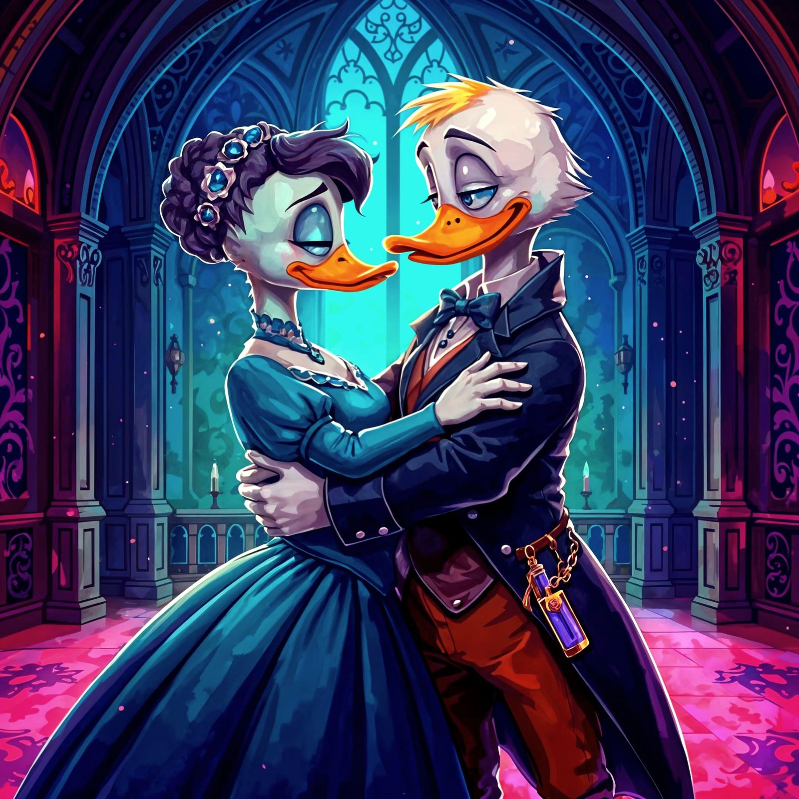 Romantic Duck Couple in Ethereal Ballroom, Watercolor Style
