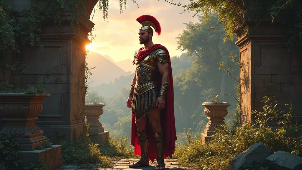 Roman Soldier in an Ancient, Mystical Garden Scene