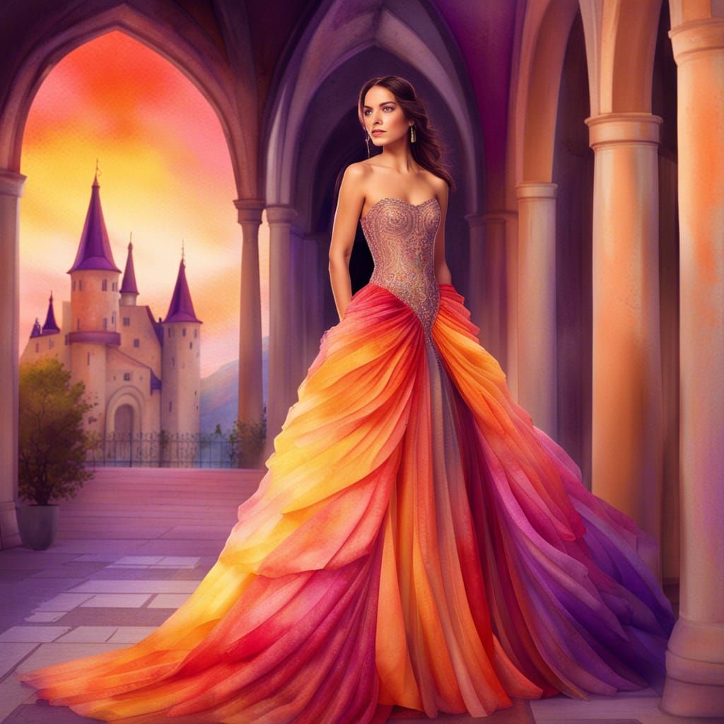 Surreal Princess Poses in Sunset-Hued Gown in Elegant Castle...