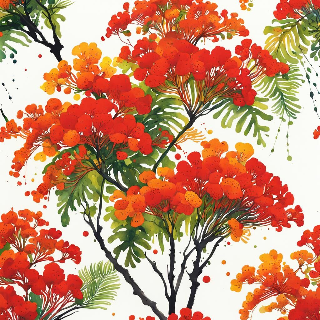 Vibrant Royal Poinciana Branch in Abstract Ink Splatter