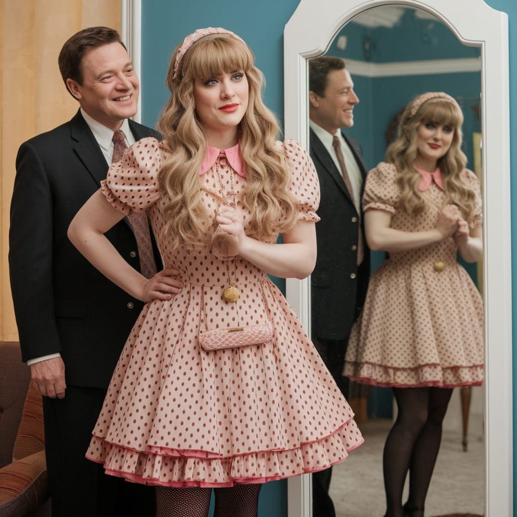 Crossdressed Young Man in Vintage Dress Reflecting in Mirror