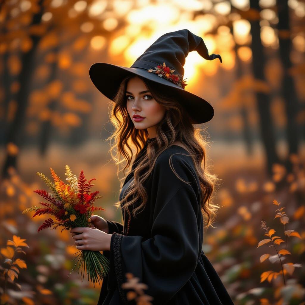 Autumn Witch Gathering Herbs in Forest Sunset