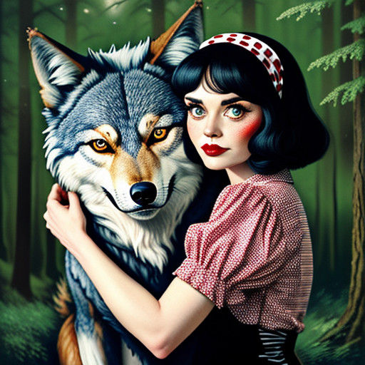 Whimsical Pinup Wolf in a Forest Setting, Hugging Twigs