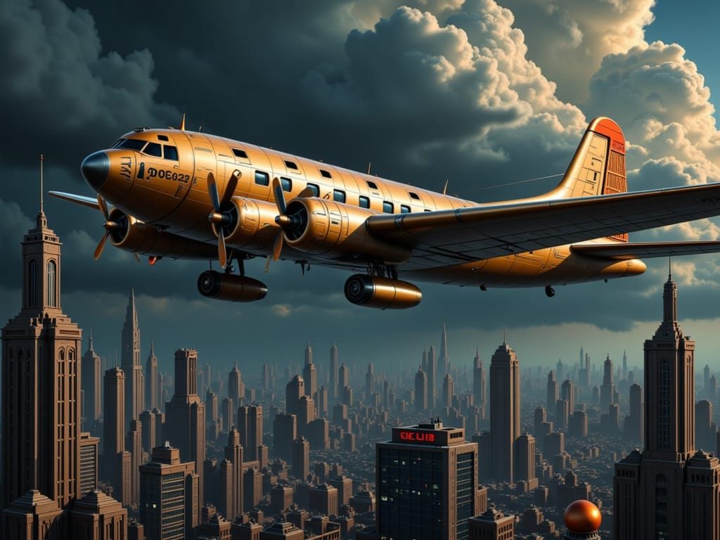 Dieselpunk DC-3 Airplane Takes Flight Amidst a Futuristic Me...