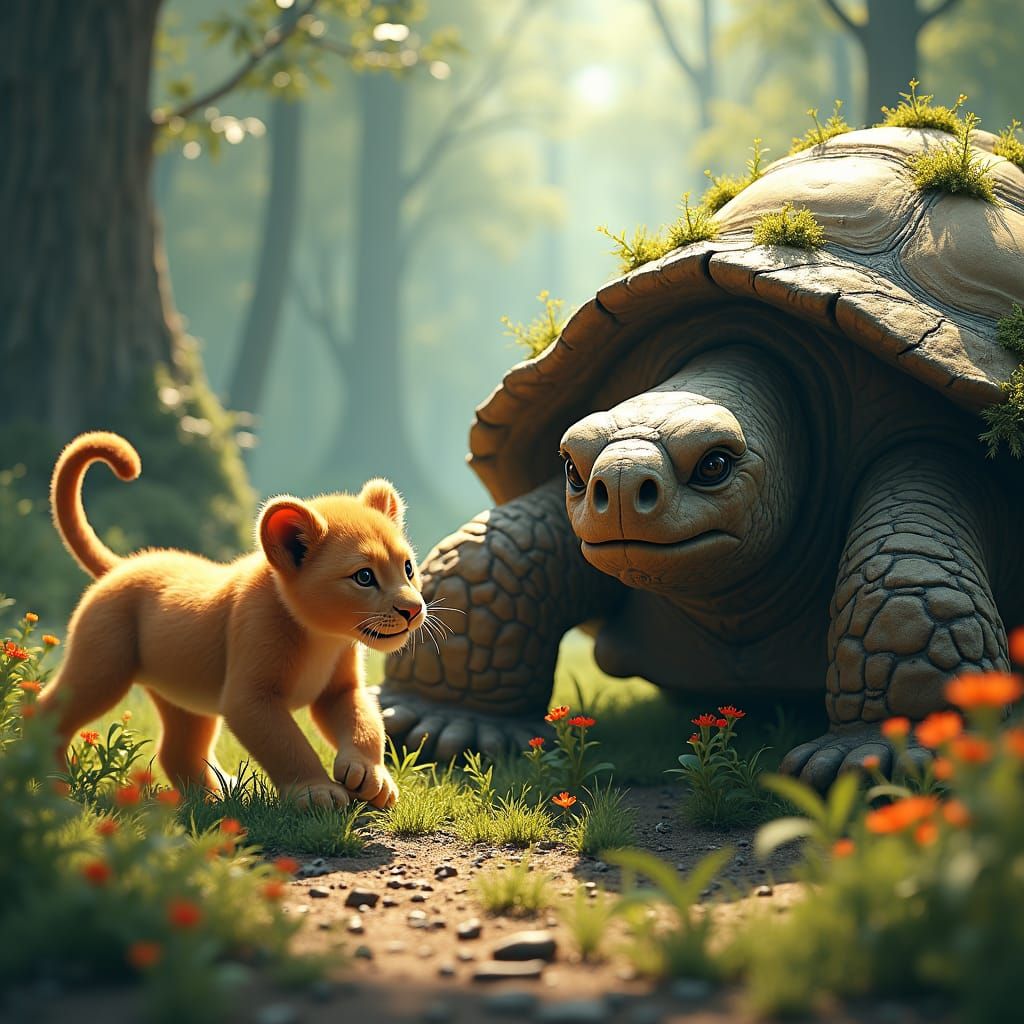 Fantasy Lion Cub Plays with Majestic Turtle in Whimsical For...