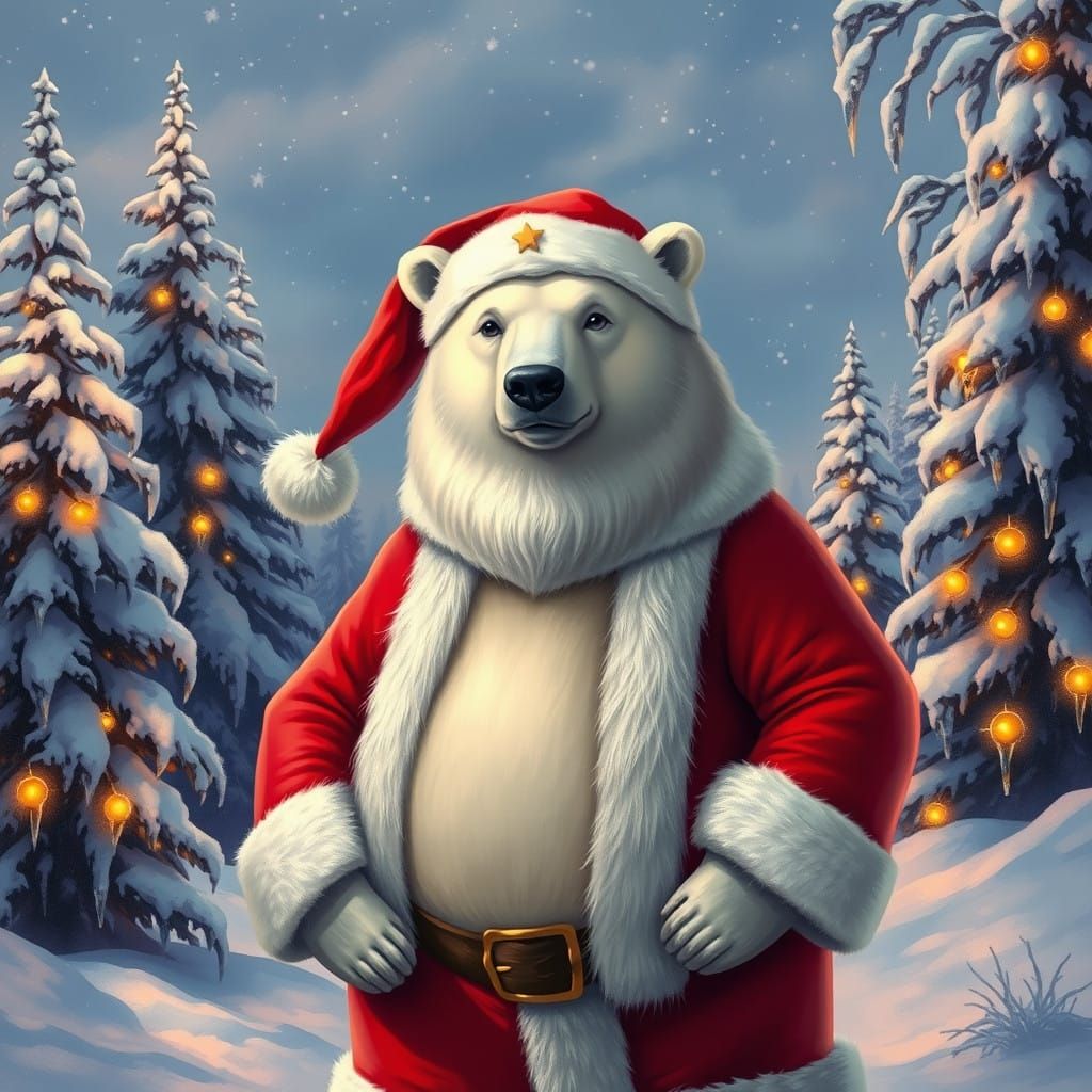 Jolly Polar Bear in Christmas Wonderland Scene
