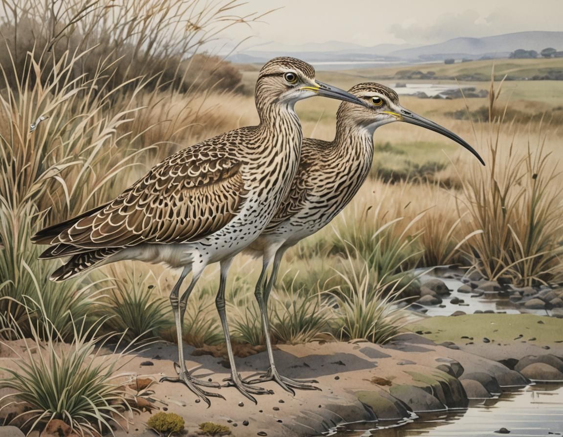 Watercolor Curlew Bird in Natural Landscape Style