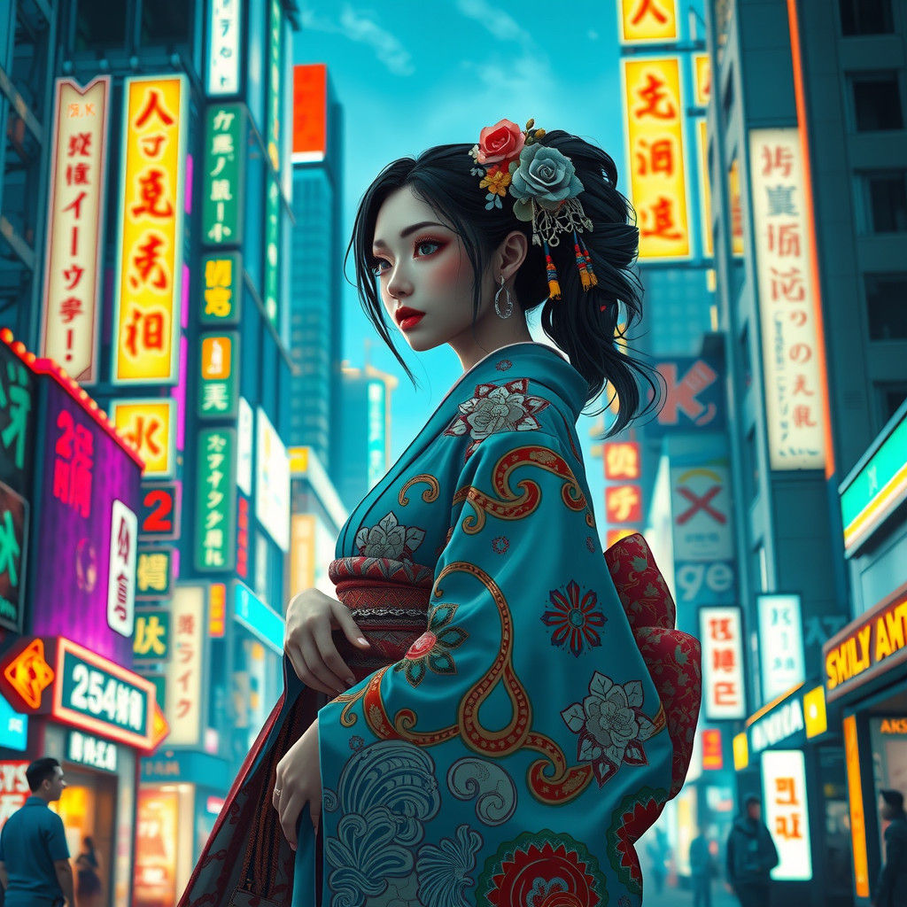 Anime Woman in Traditional Kimono Amid Akihabara Neon Dreams