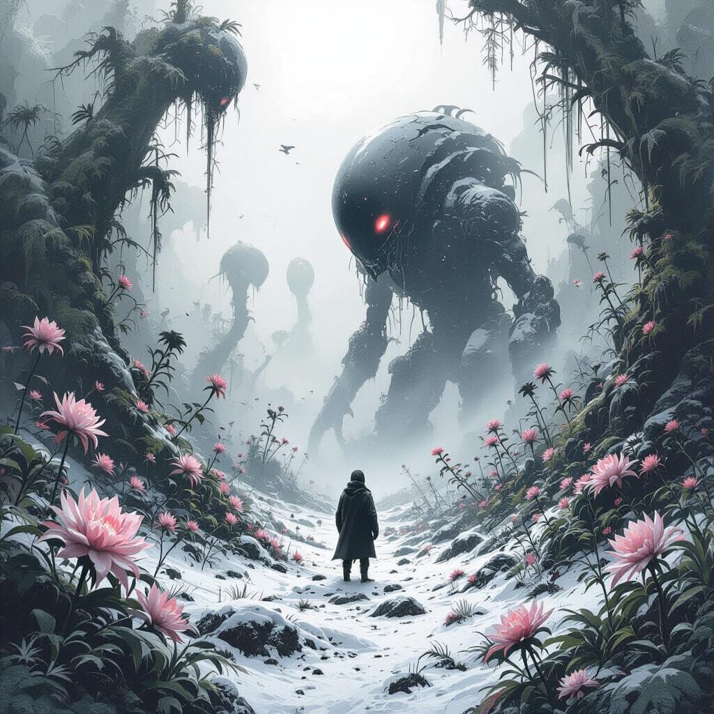 Primeval Alien Jungle in Snowstorm - Monochrome Art Style