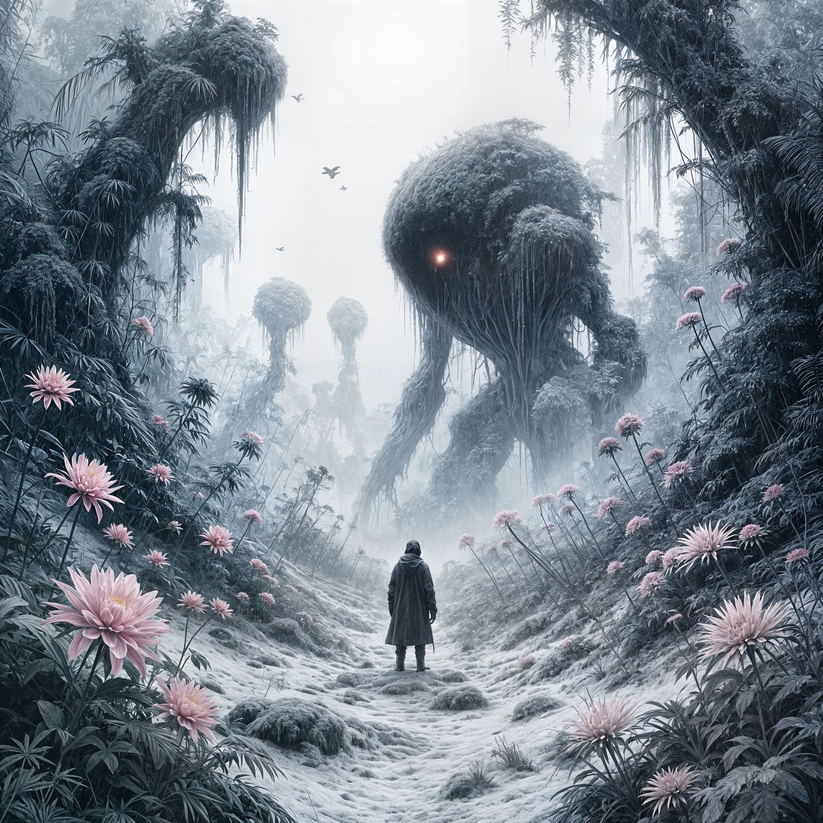 Monochrome Jungle with Pink Alien Flowers