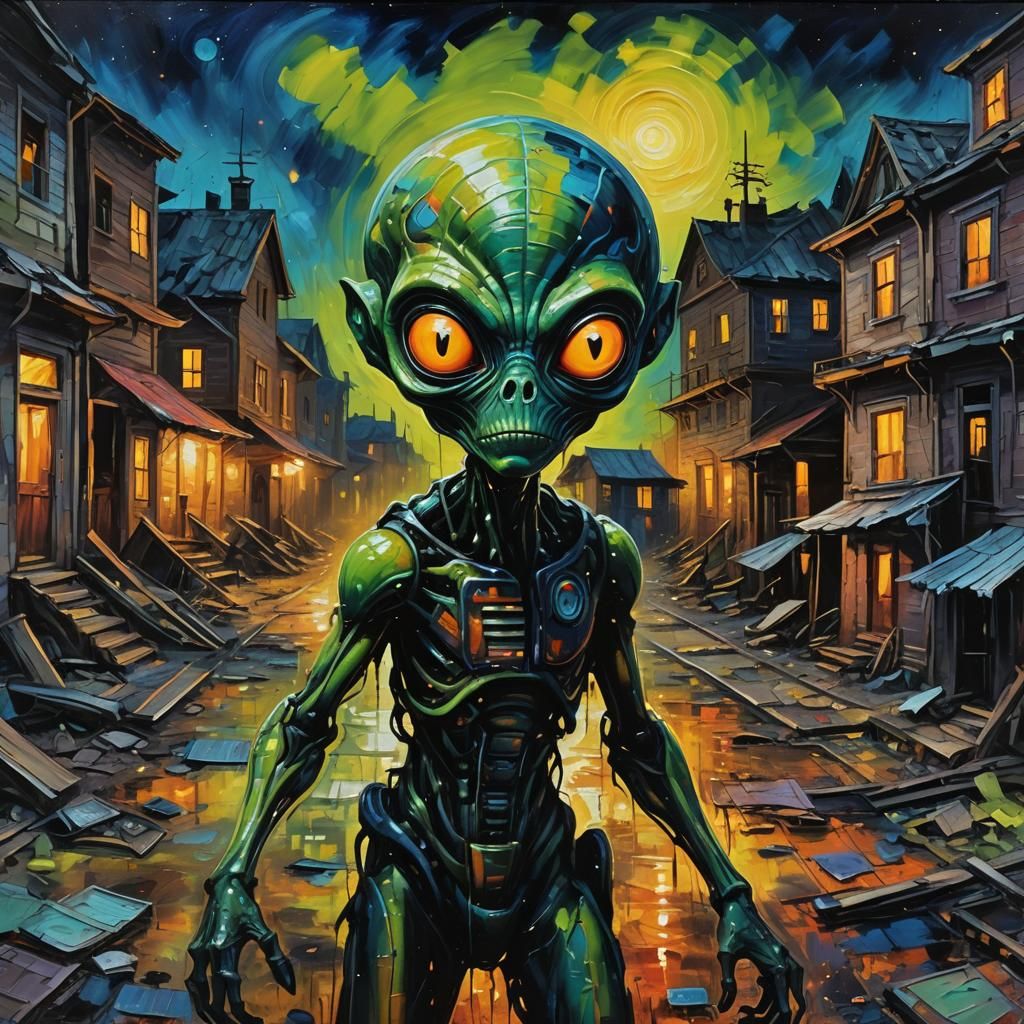 Ethereal Alien in Abandoned Nighttime Landscape in Neo-Expre...