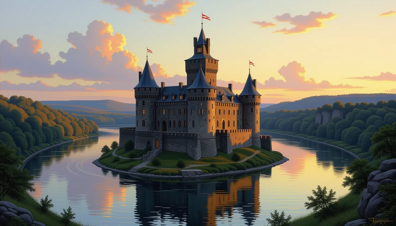 Majestic Medieval Castle Overlooking River at Sunset