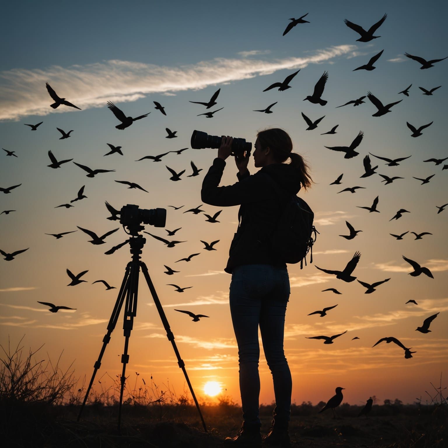 Silhouette of a Photographer Capturing Birds at Sunset