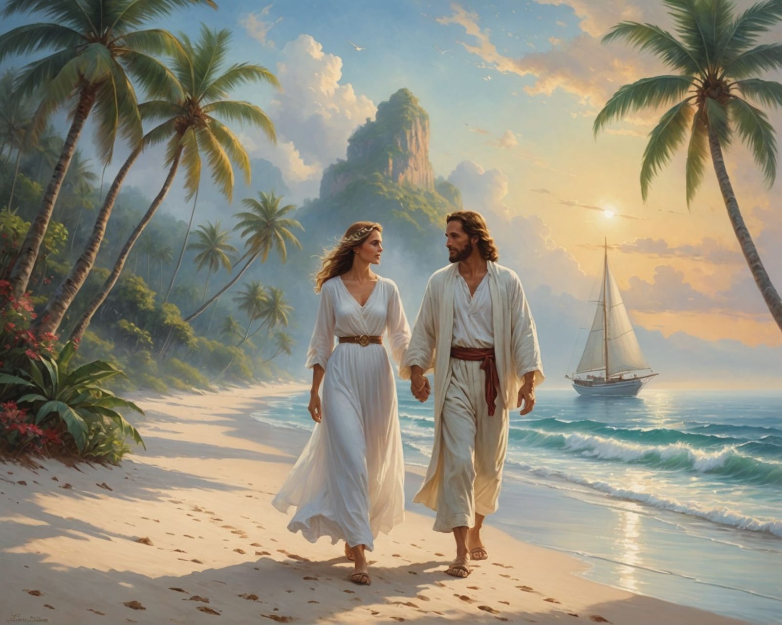 Jesus Walking with Angel on Tropical Paradise in Oil Paintin...