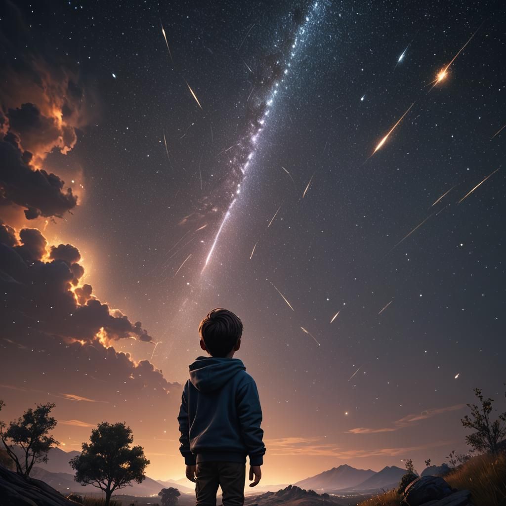 Inspired Child Gazing Up at a Starry Night Sky