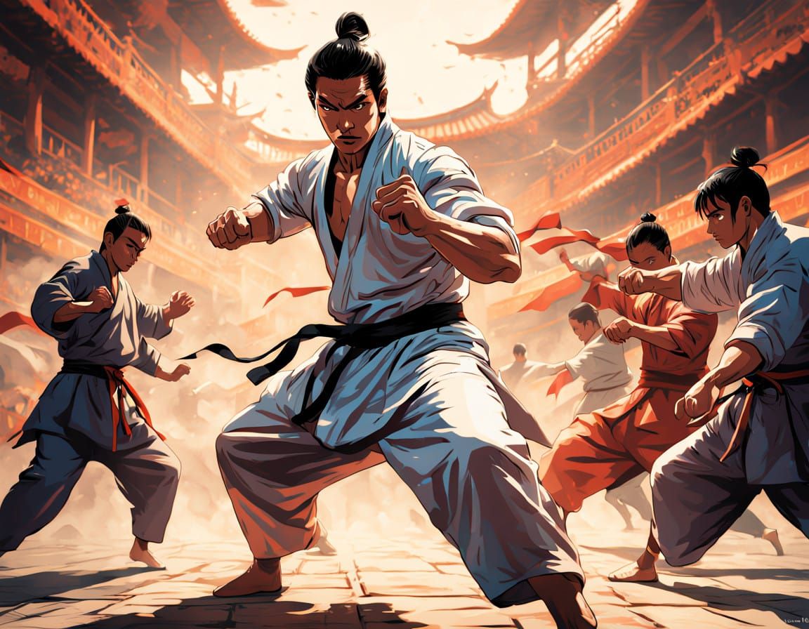 Martial Artist Defeats Foes in Vibrant Comic Book Style