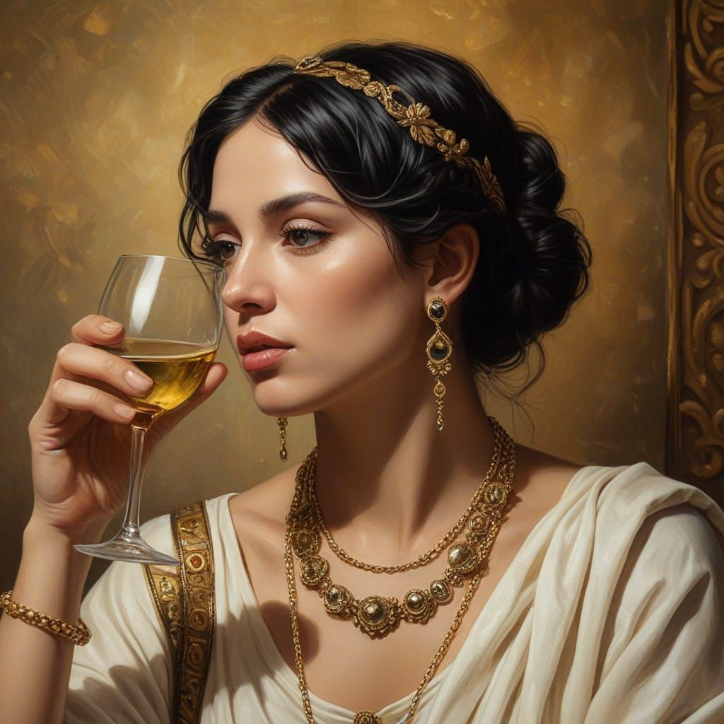 Elegant Roman Woman Drinking Wine in Classical Realism