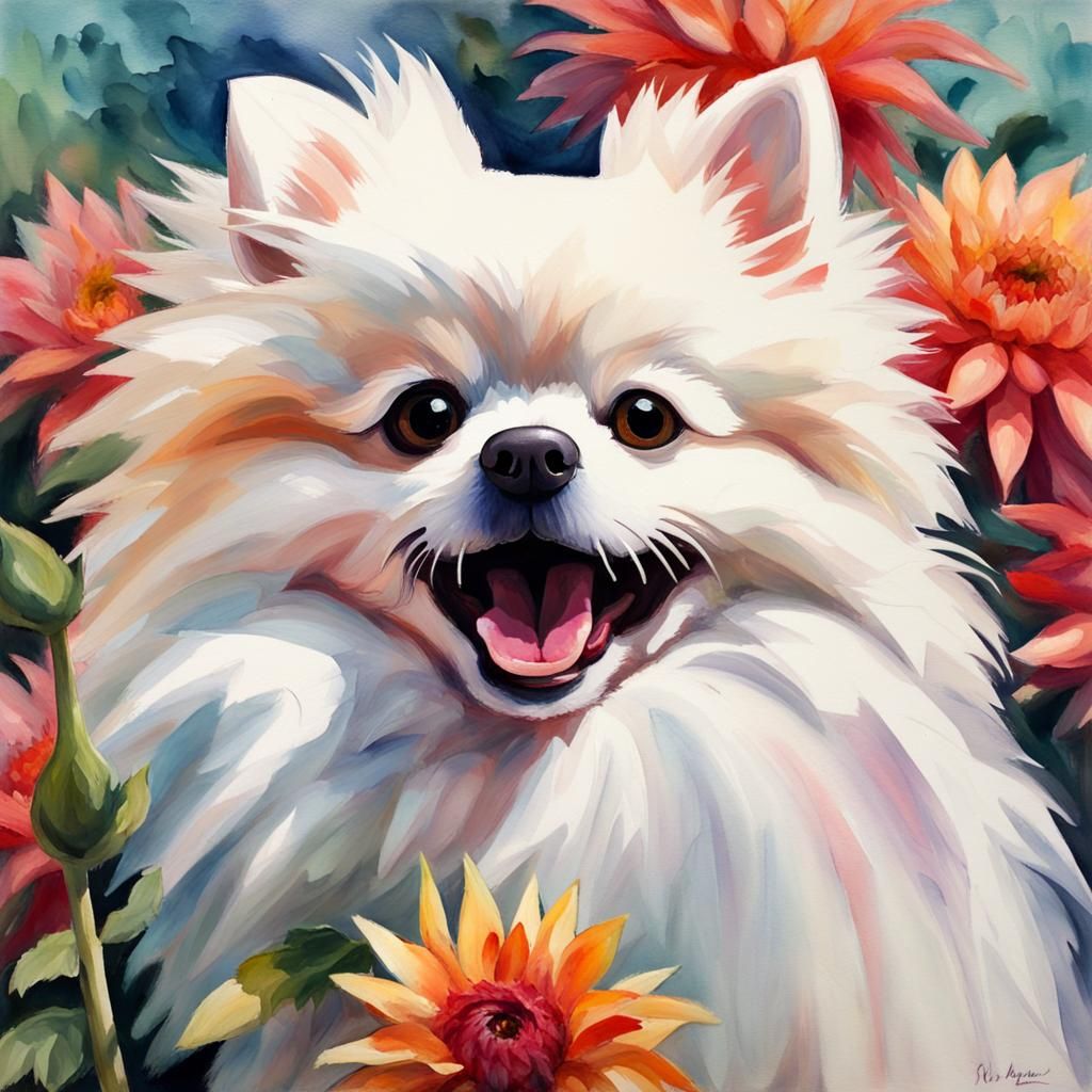 Joyful Pomeranian Holds Vibrant Dahlia in Gouache Masterpiec...