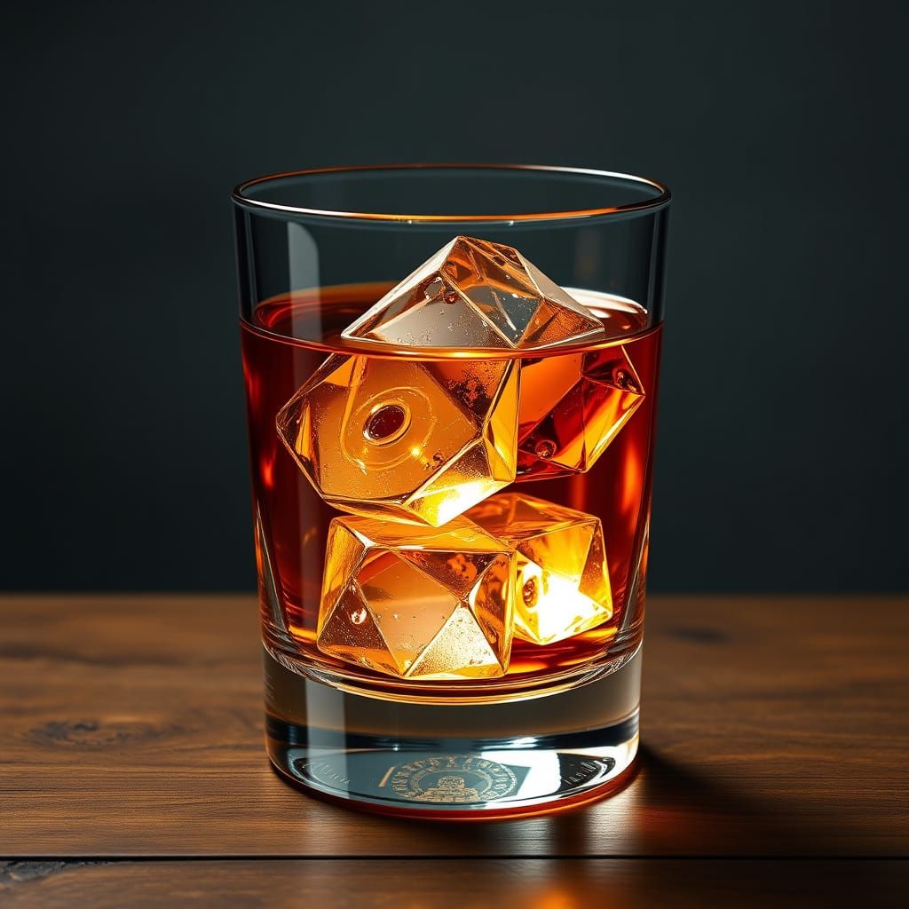 Surreal Whiskey with Hyperrealistic Octahedron Ice Cubes