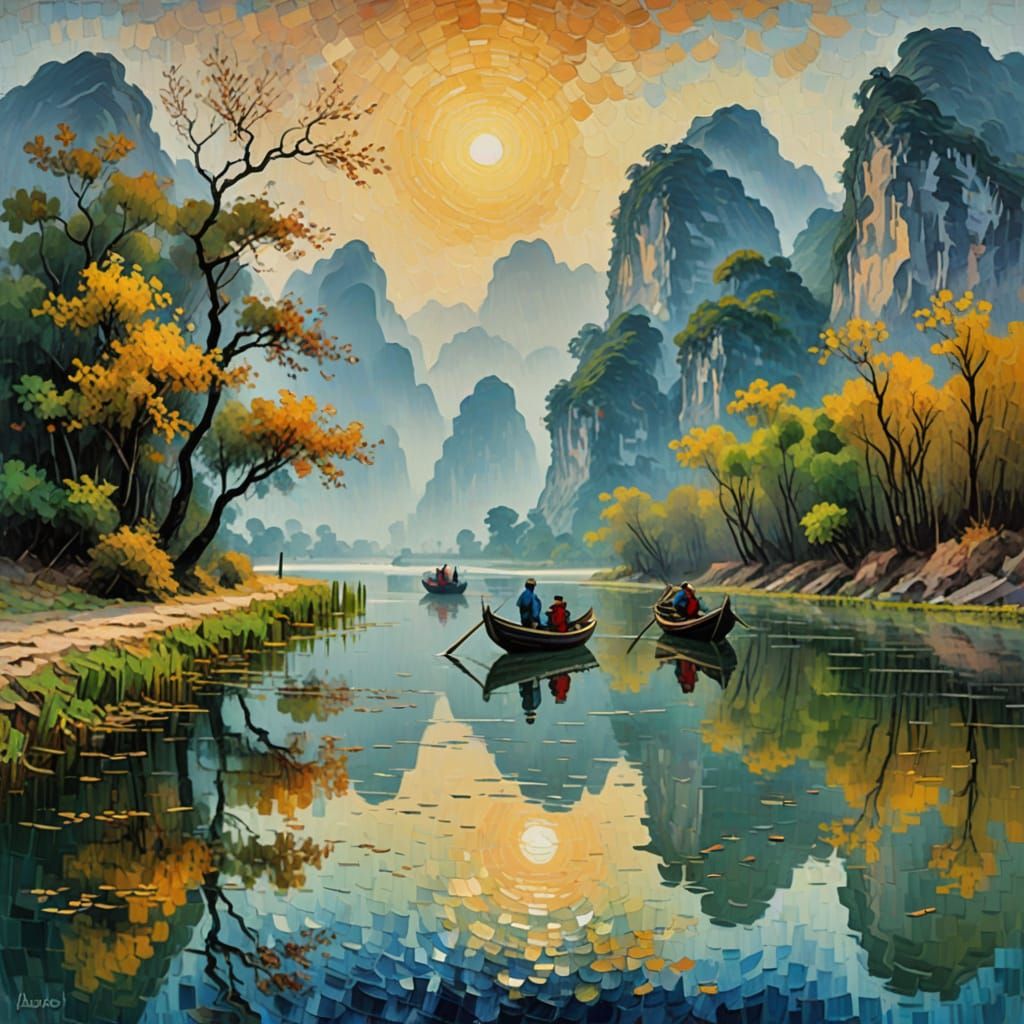 Impressionist Landscape with Traditional Sampan Boat