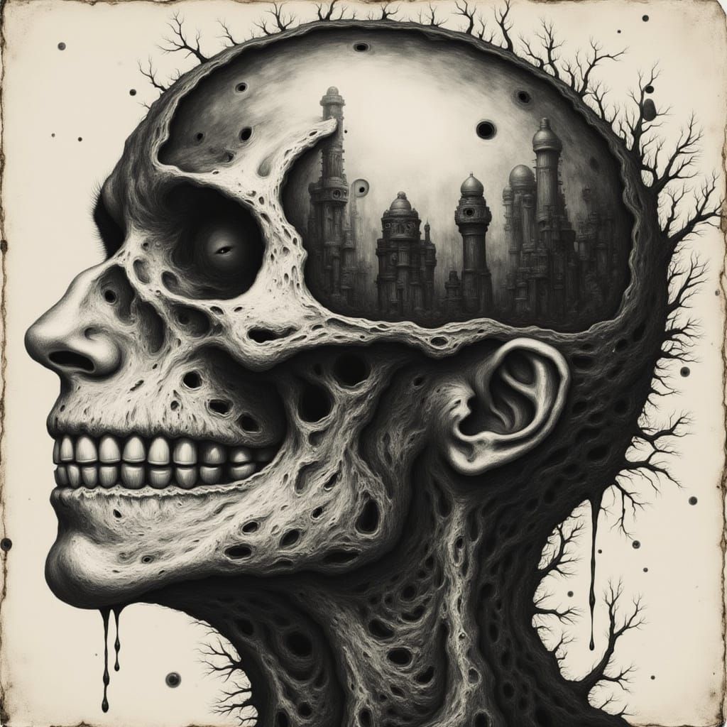 Mind Bending Recursive Head Devours Reflection Amid Static