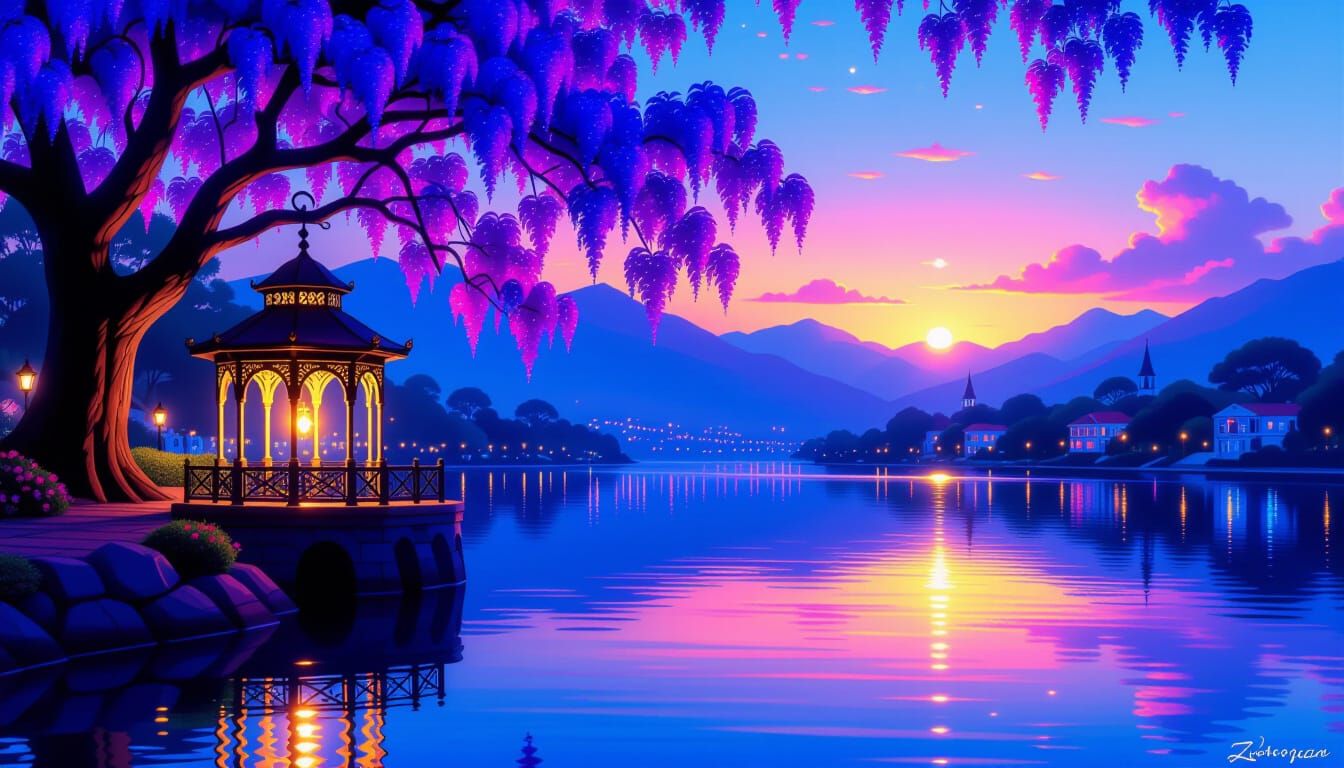 Bioluminescent Lantern Gazebo in Dreamlike Landscape