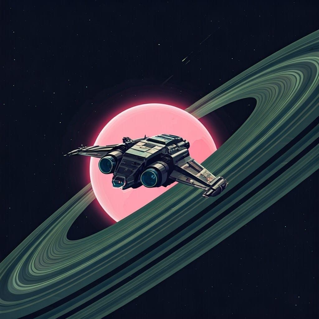 Sleek Space Ship Approaching Vibrant Pink Planet in Synthwav...