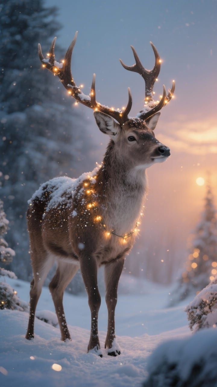 Majestic Deer with Twinkling Christmas Lights in Snowy Twili...