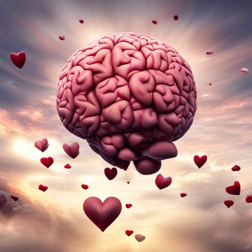 A Brain Enveloped by Radiant Hearts in Stunning Hyperrealism