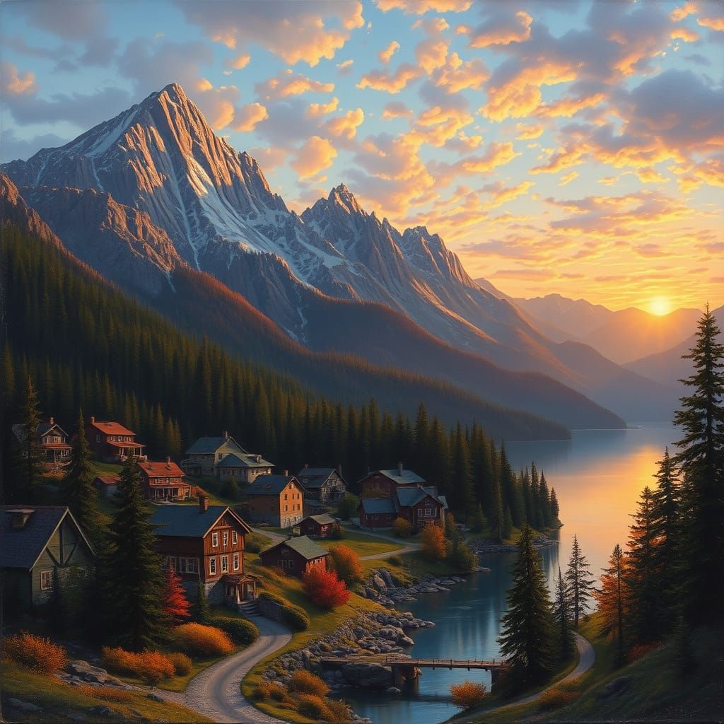 Idyllic Village Landscape in Oil Painting Style