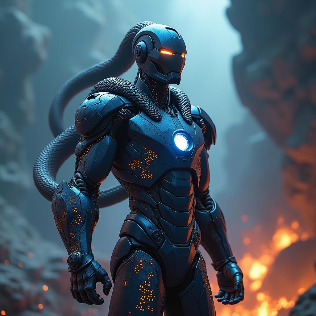 Sleek Snake Iron Man Armor in Fantasy-Inspired Backdrop