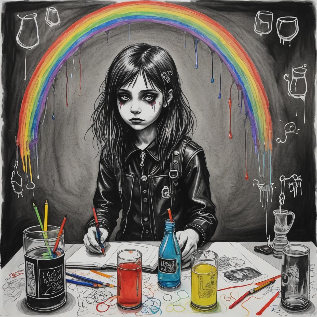 Surreal Goth Girl Enjoys Whimsical Rainbows in a Dark Crayon...