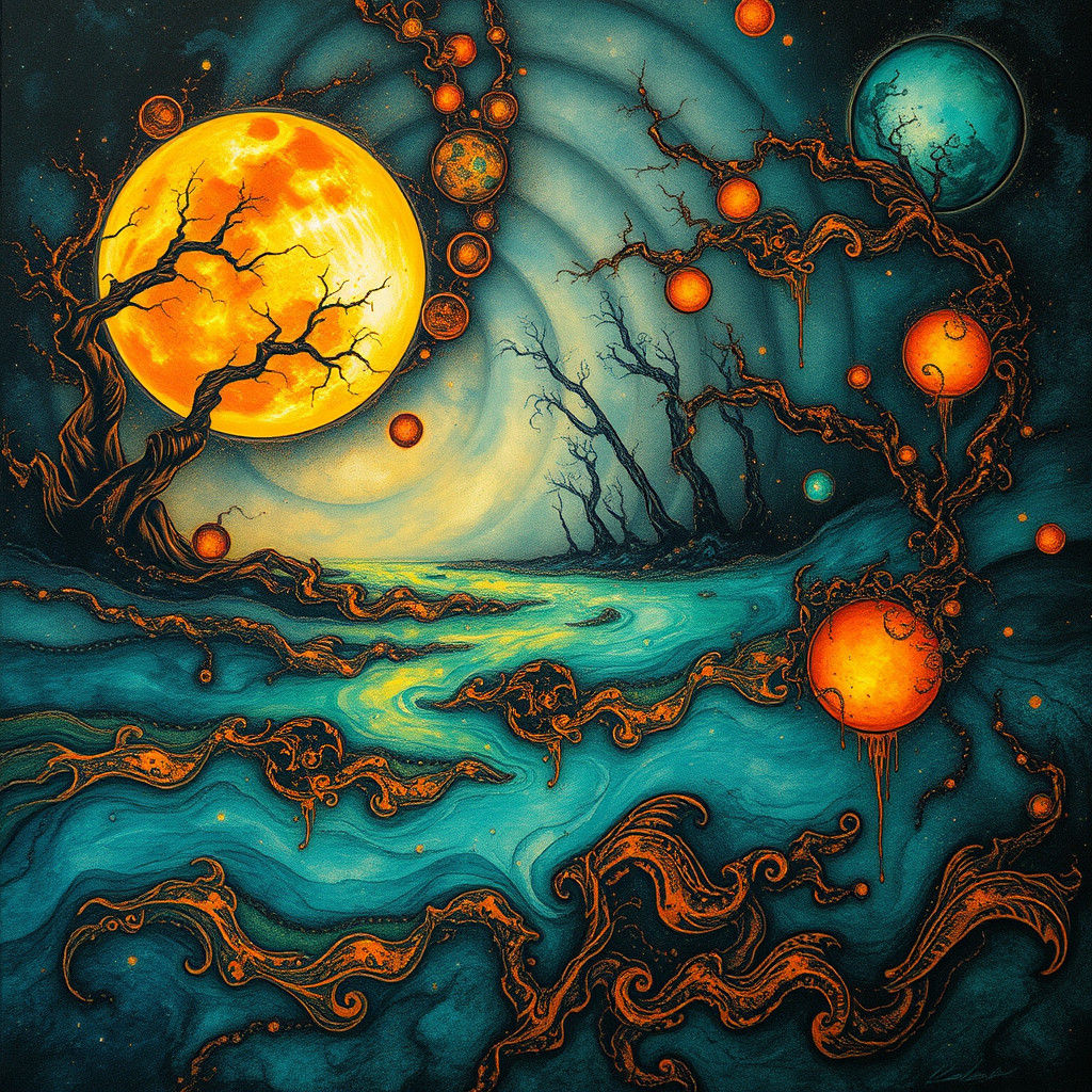 Dreamlike Moon River Landscape in Ethereal Alcohol Ink