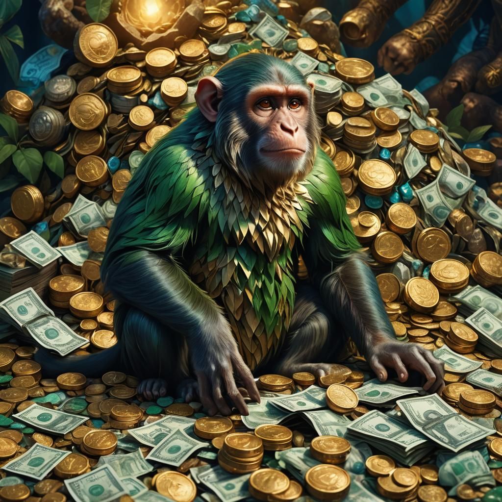 Monkey Sits Amidst Glowing Treasure Hoard in Vibrant Fantasy...