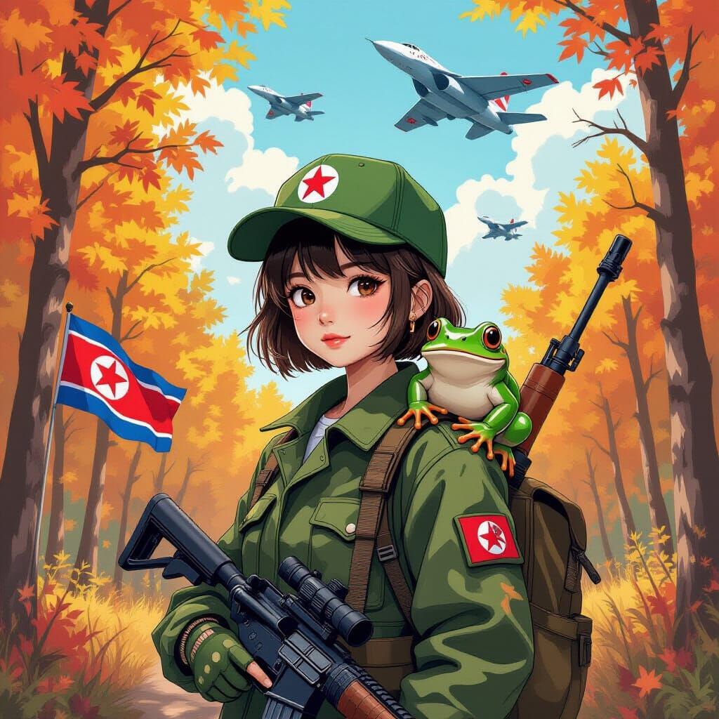 Cute Girl with Frog Cap and AK-74 in Autumn Forest