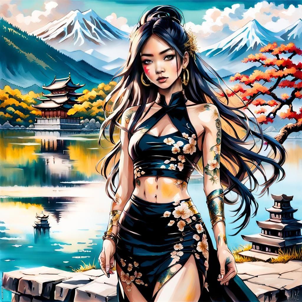 Exotic Woman in Sakura Garden, Graffiti Art