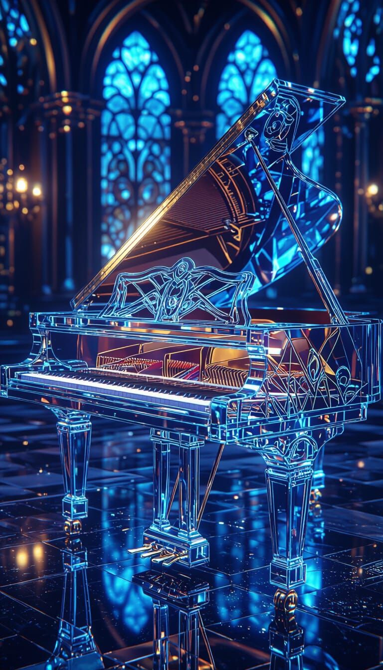 Crystal Grand Piano with Glowing Blue Reflections