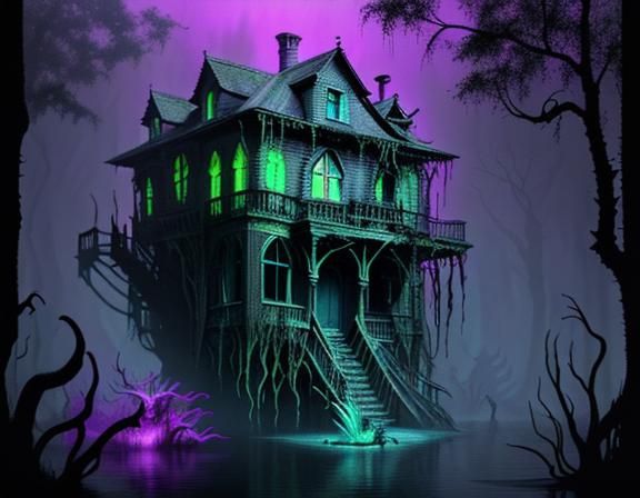 Surreal Swamp House in Neon Hues, Inspired by Illusion Art