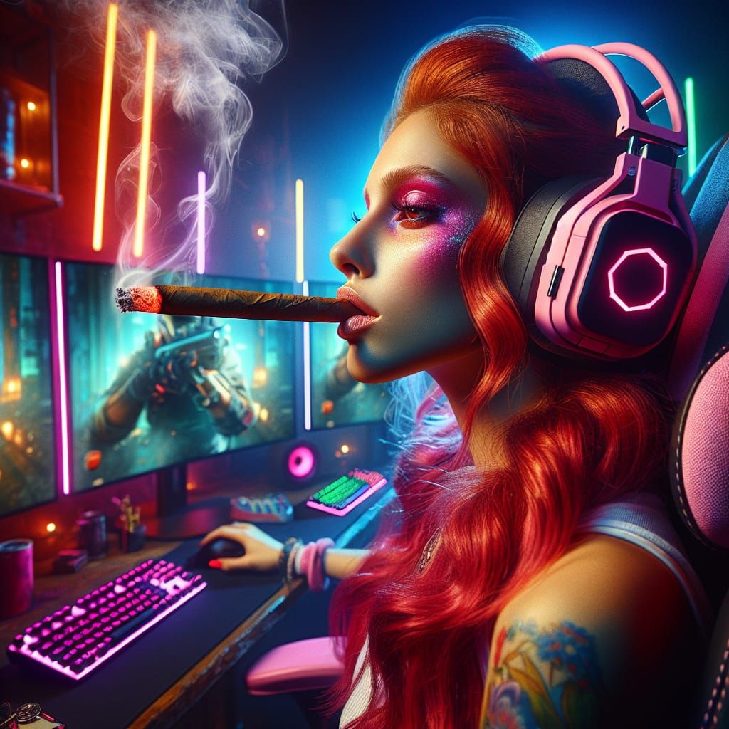 Hyperrealistic Gaming Enthusiast in a Vibrant, Smoky Lair