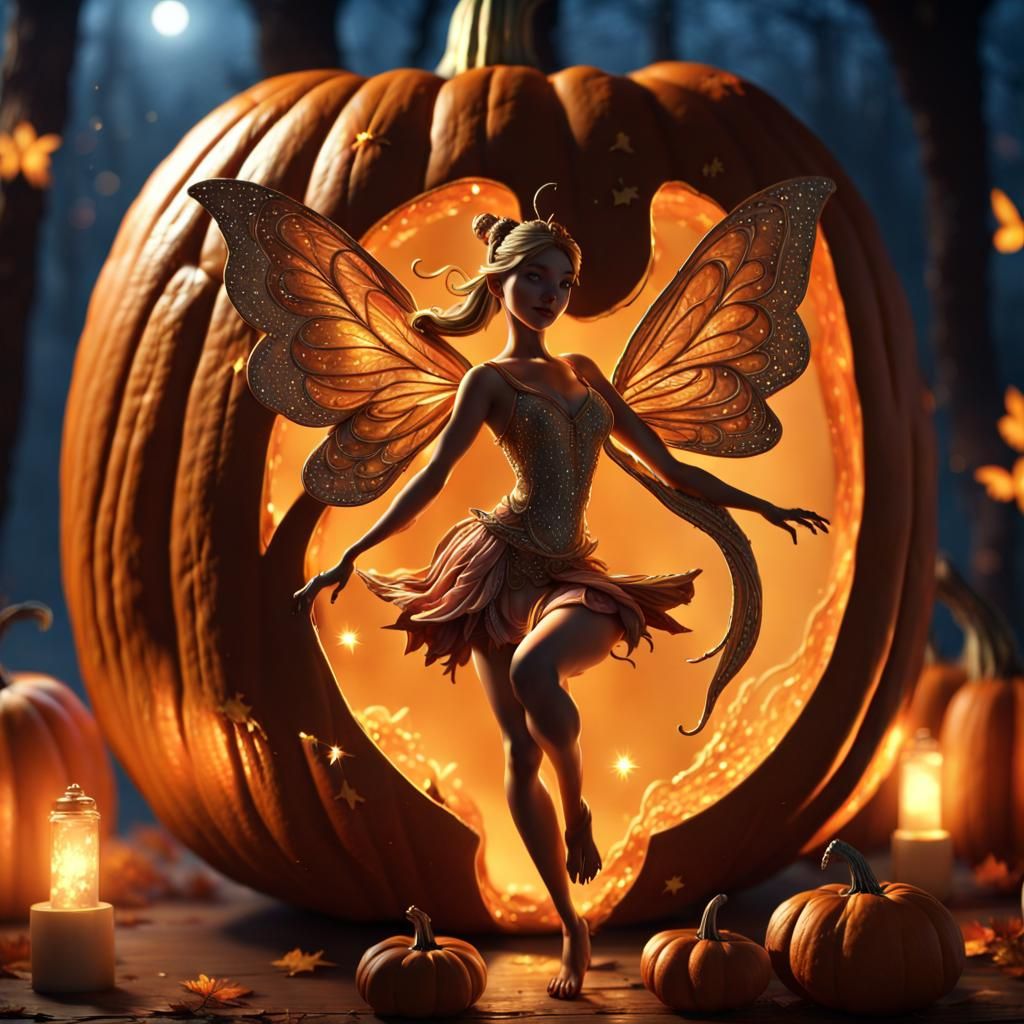Surreal Carved Pumpkin with Dancing Fairy at Dusk