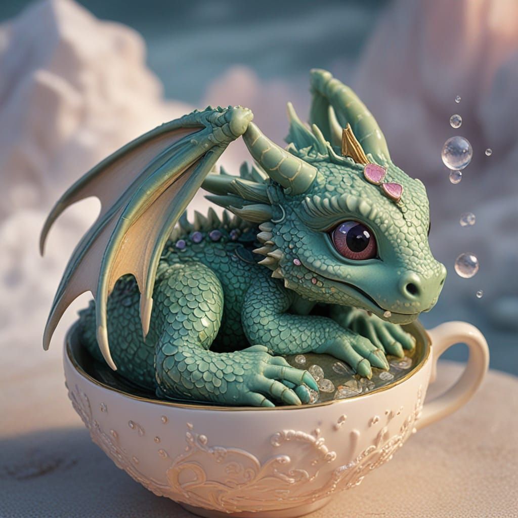 Realistic Kawaii Dragon in Teacup, 8K Render