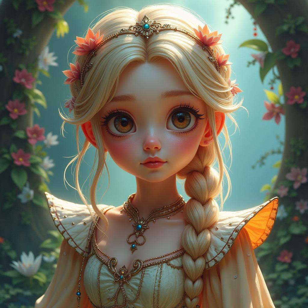 Whimsical Girl Surrounded by Fantasy Foliage in Dreamlike Ma...