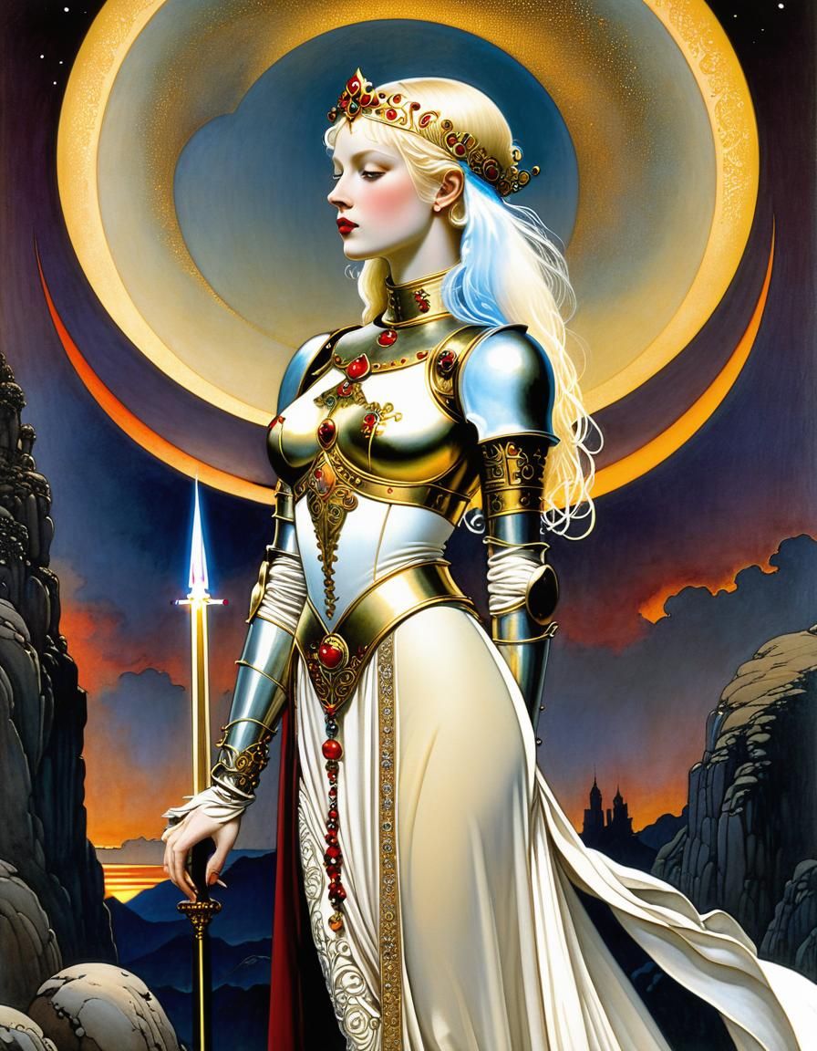 Regal Blond Maiden in Sunset Armor, Jewel Tones and Vibrant...