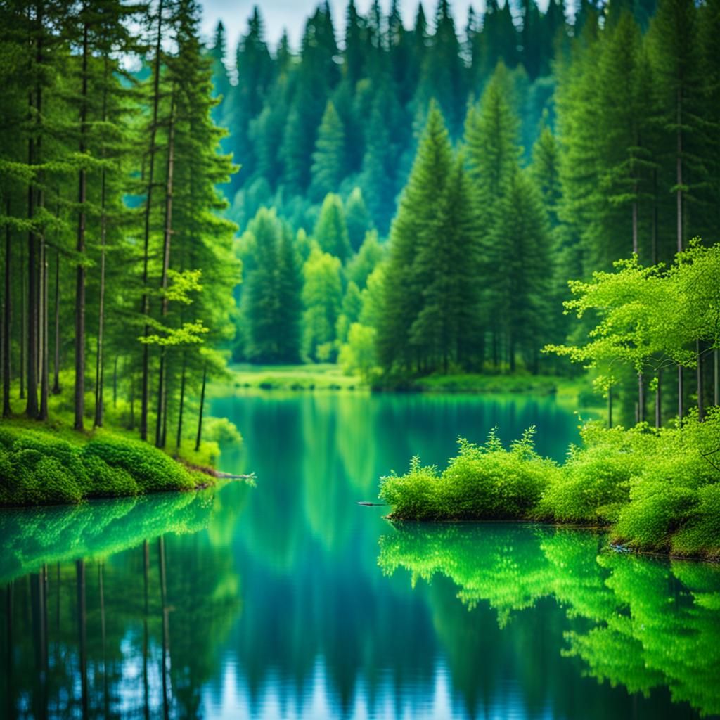 Serene Forest Lake in Vibrant Green and Blue