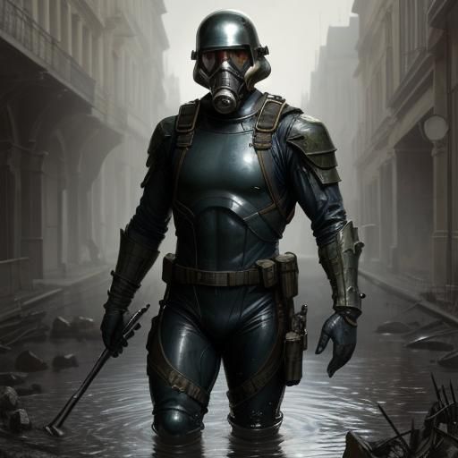 Tormented Soldier in Rubber Suit Beset by Water